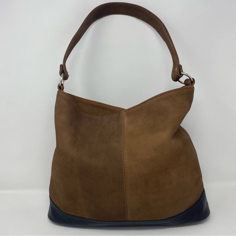 Brown Suede Shoulder Hobo Bag with Dark Trim